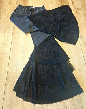 Blue b. Collection Black Tiered Lace Ruffle Extreme Flare Bell Bottom Jeans S